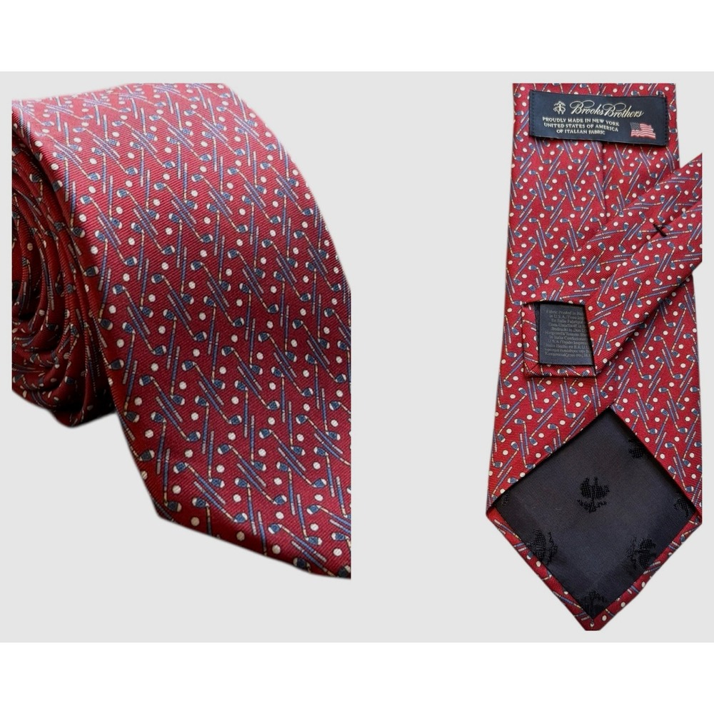 Brooks Brothers Golf Clubs Tie Red Silk Made In NYC NEW YORK‎  USA 60" L  3" W